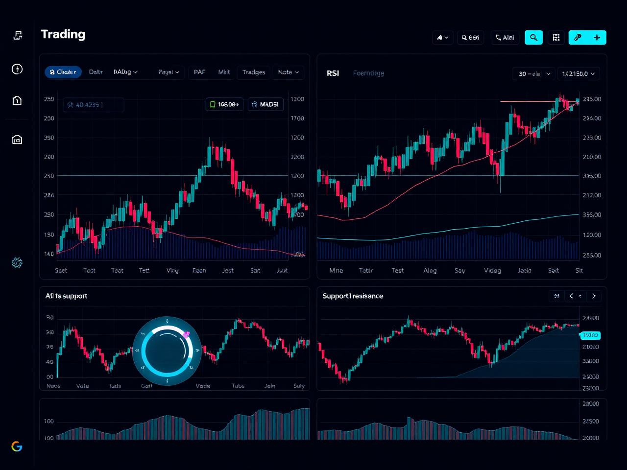 AI-powered trading analytics dashboard with candlestick charts and indicators
