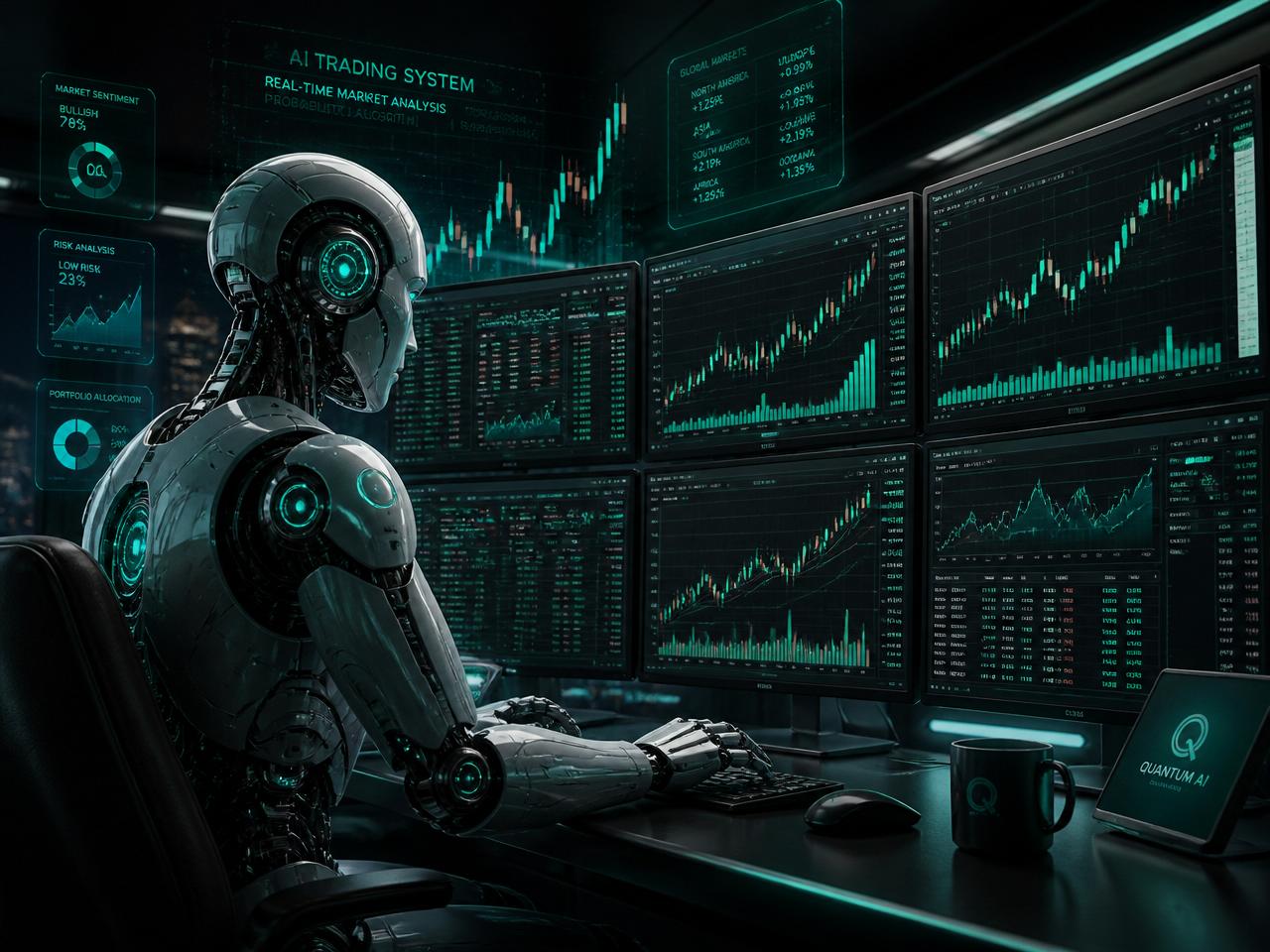 AI robot trading on a desktop with multiple monitors showing live candlestick charts
